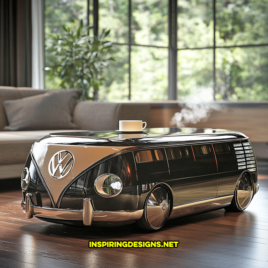 glass Volkswagen bus coffee table in a black and white color