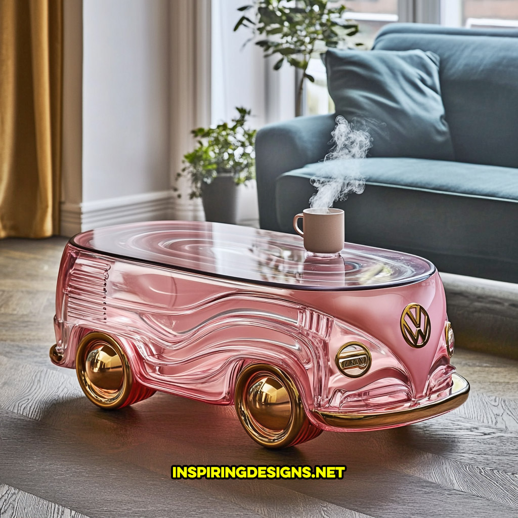 glass Volkswagen bus coffee table in a pink and gold color