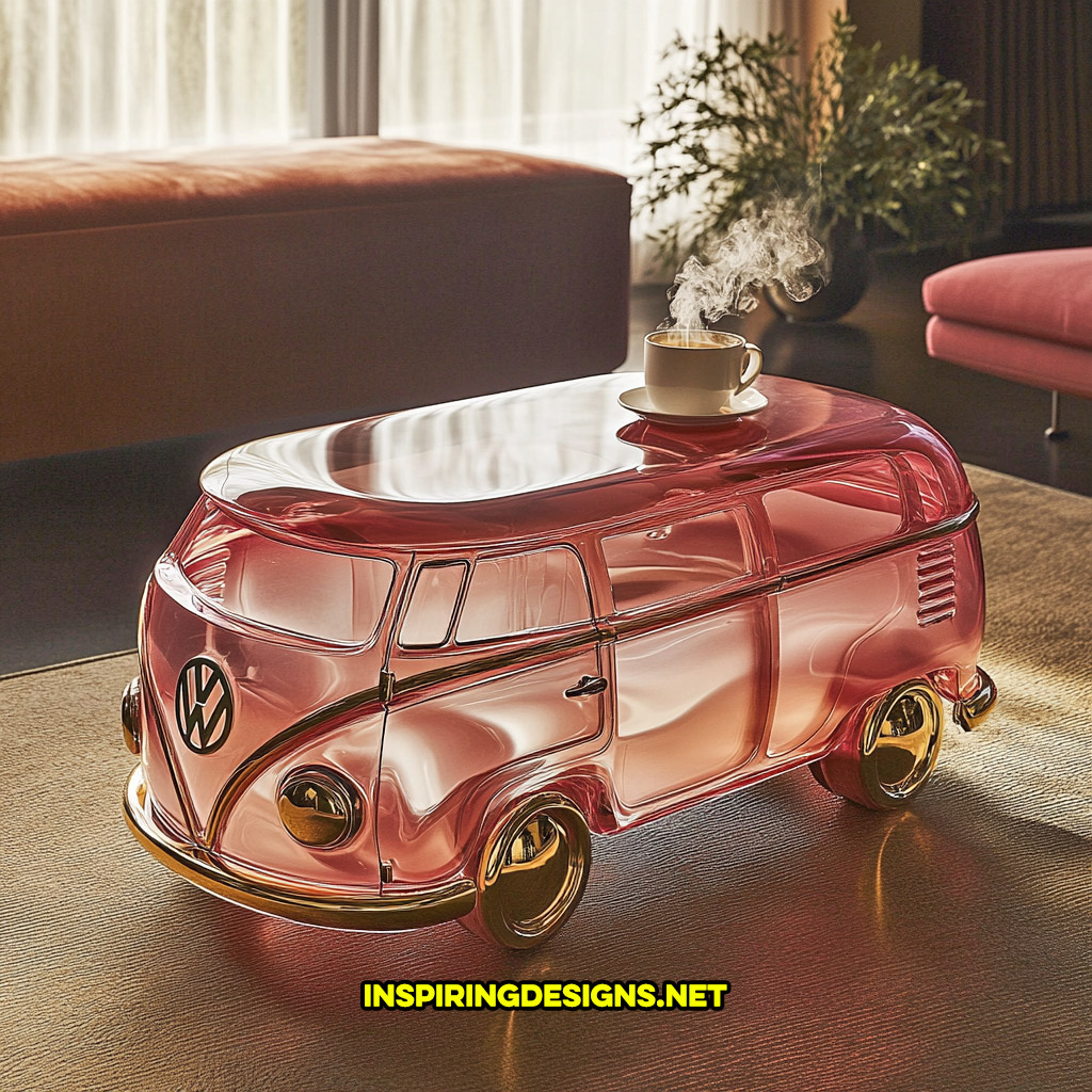 glass Volkswagen bus coffee table in a pink and gold color