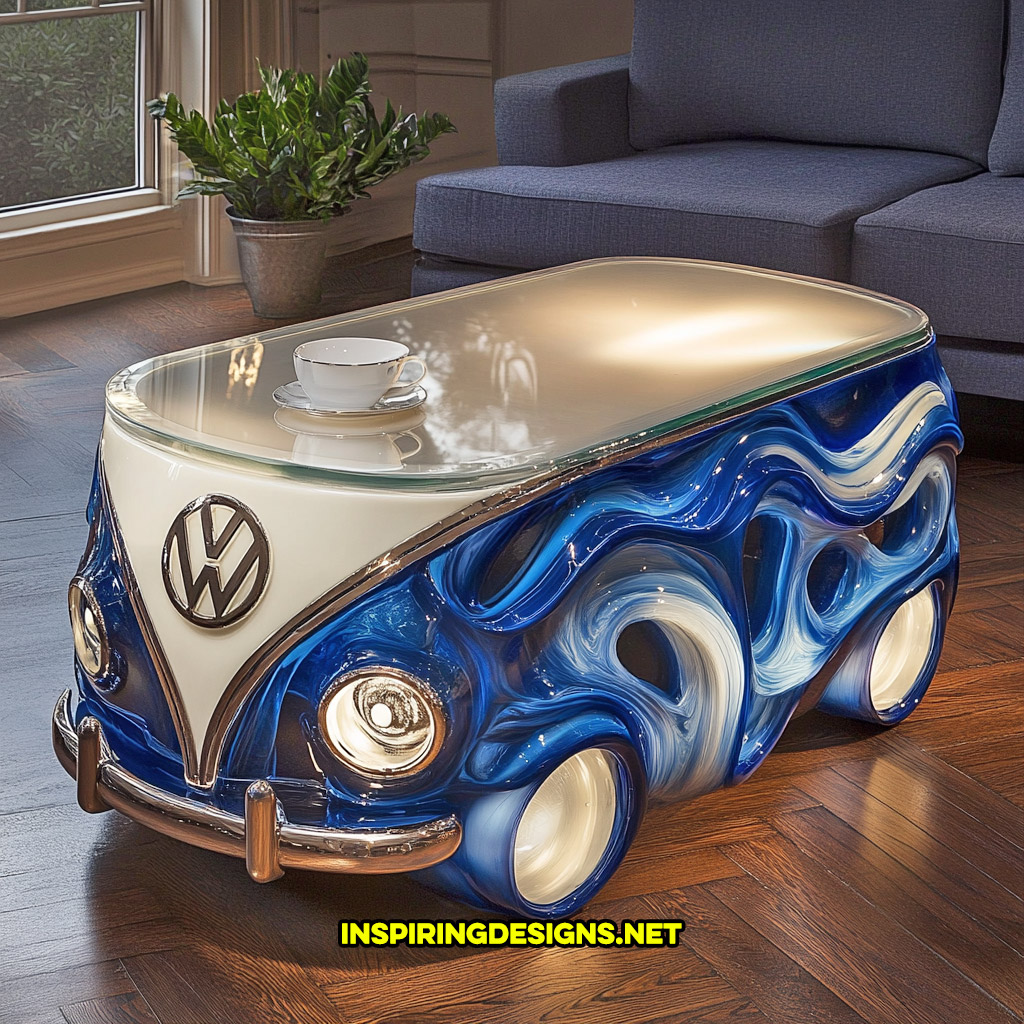 glass Volkswagen bus coffee table in a blue and white color