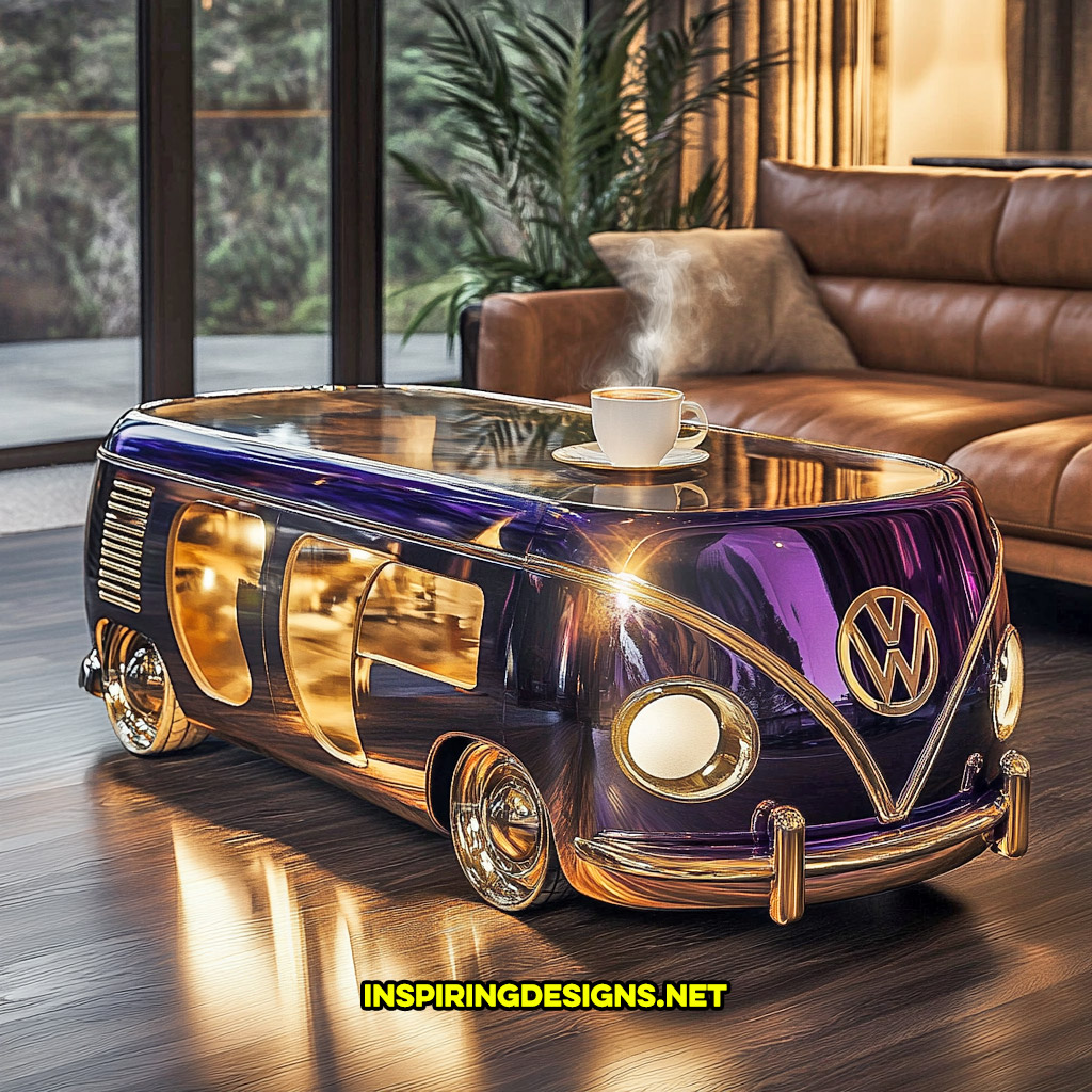 glass Volkswagen bus coffee table in a purple and gold color