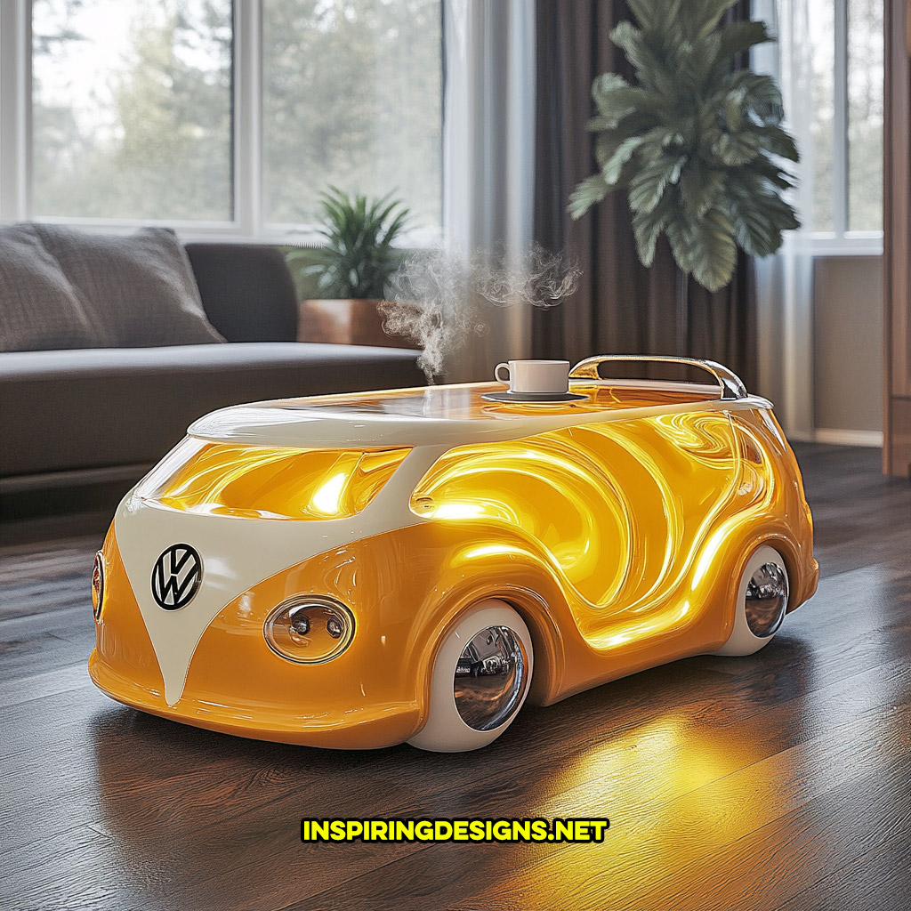 glass Volkswagen bus coffee table in a yellow and white color