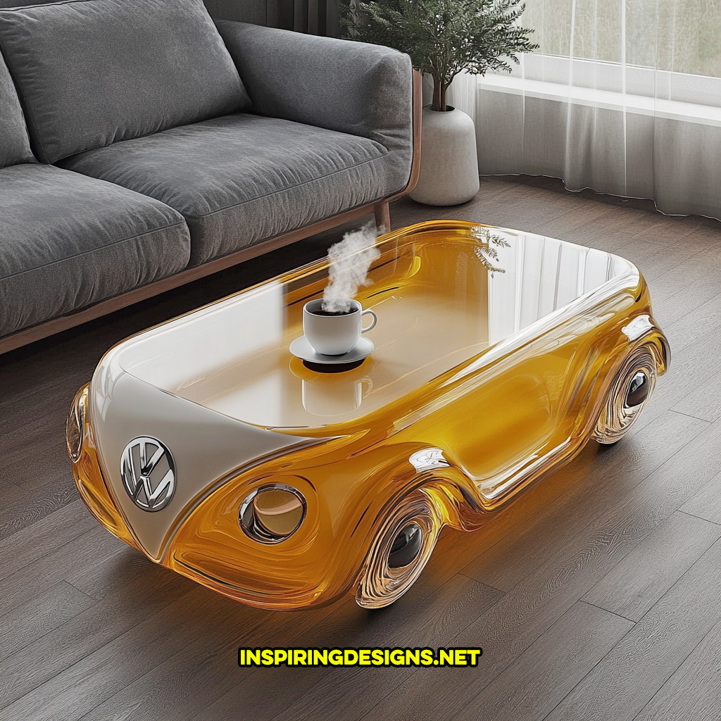 glass Volkswagen bus coffee table in a yellow and white color