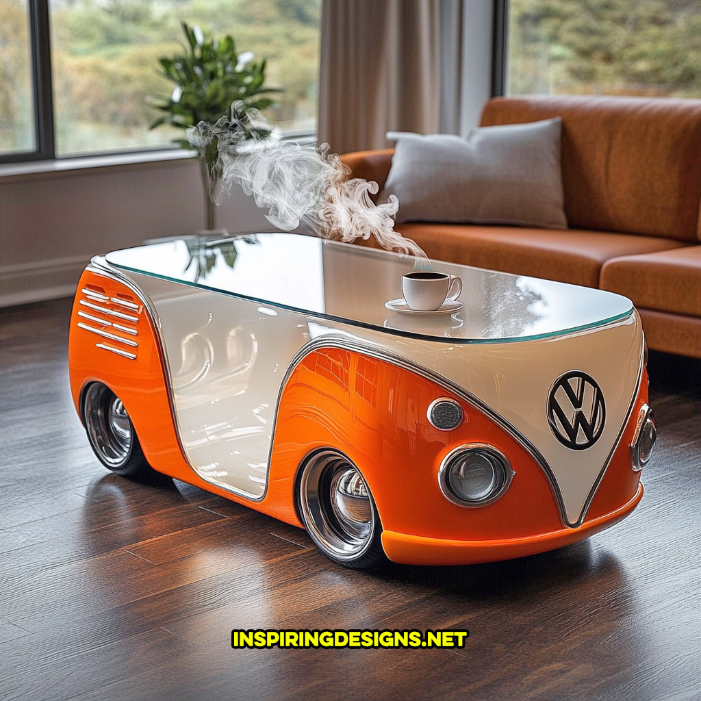 glass Volkswagen bus coffee table in an orange and white color