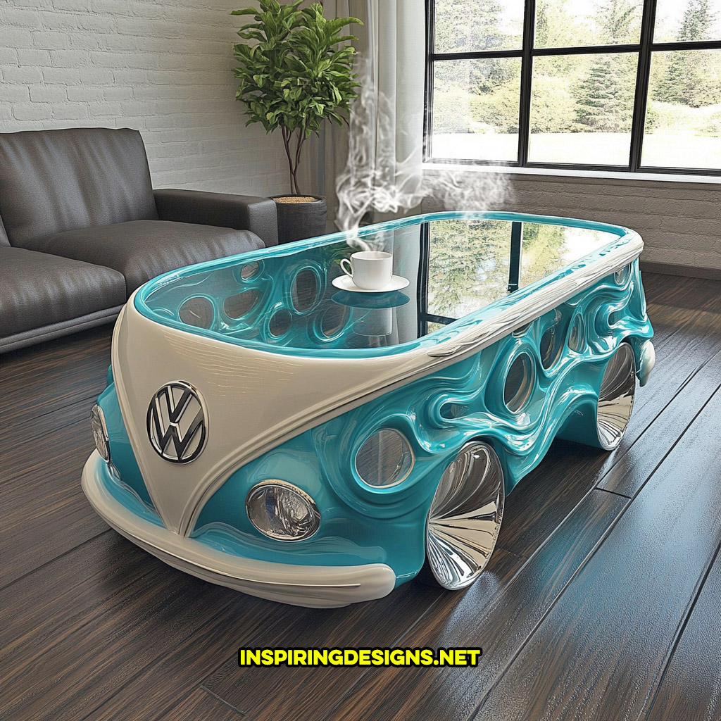 glass Volkswagen bus coffee table in a turquoise and white color