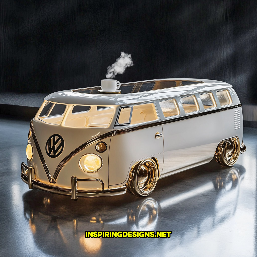 glass Volkswagen bus coffee table in a white and silver color