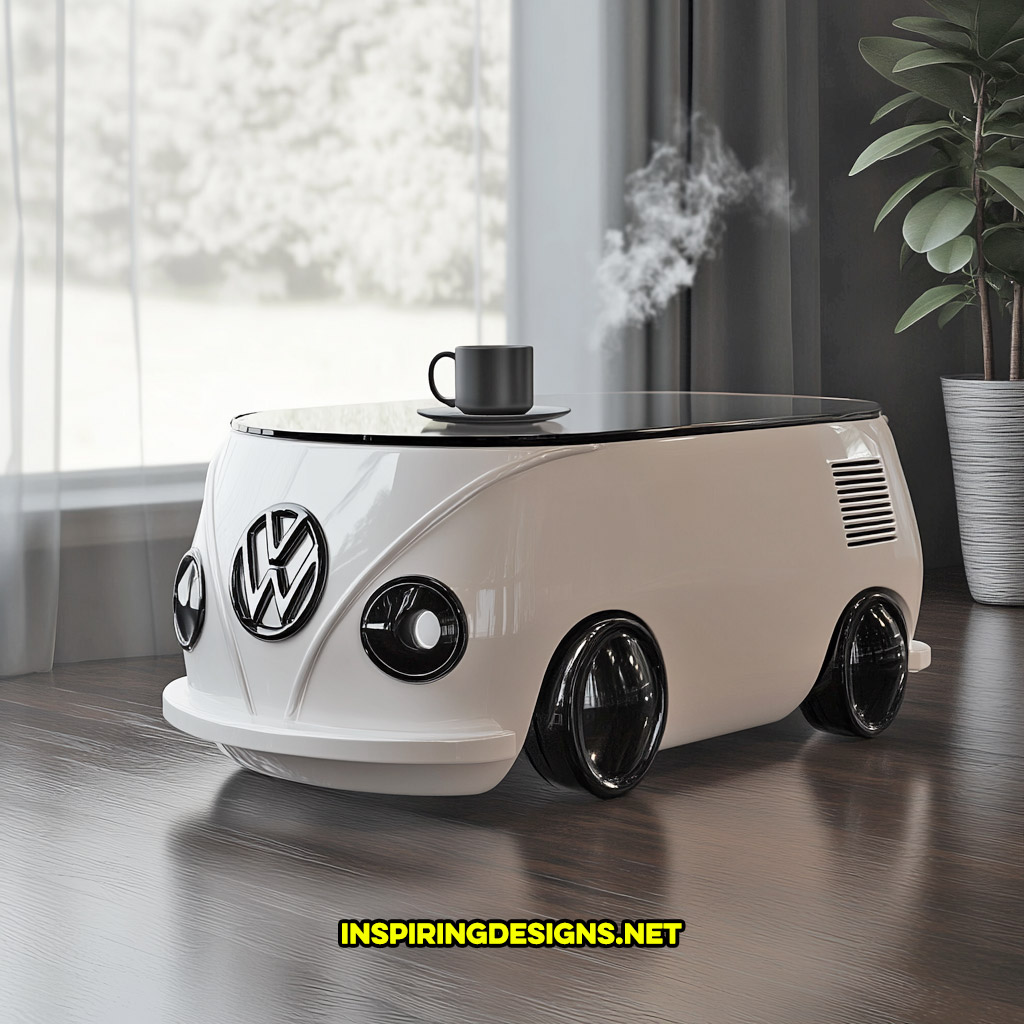 glass Volkswagen bus coffee table in a white and black color