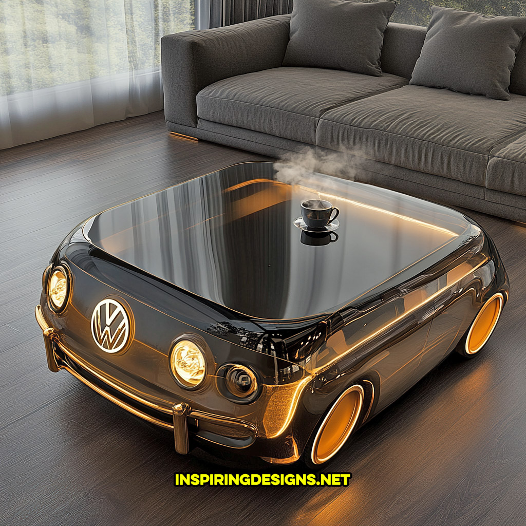 square glass Volkswagen bus coffee table in a black and gold color