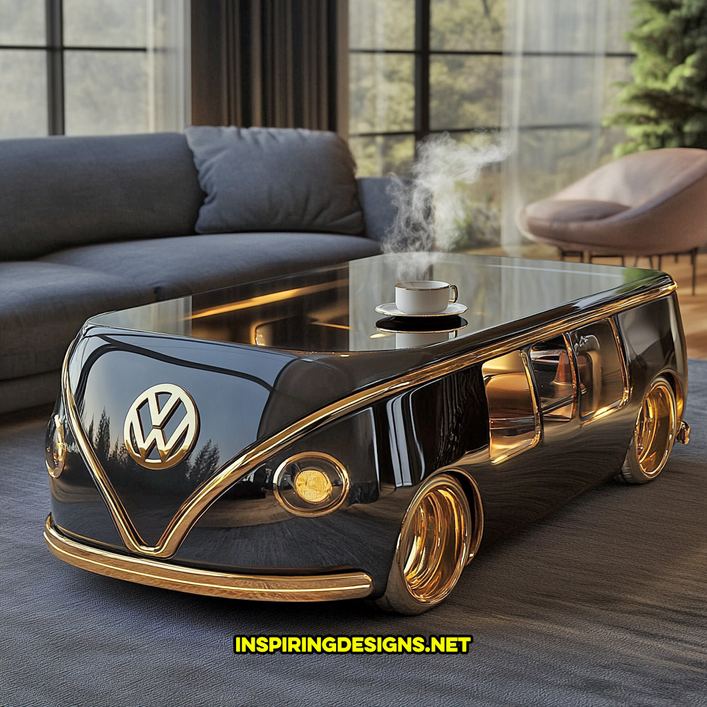 glass Volkswagen bus coffee table in a black and gold color