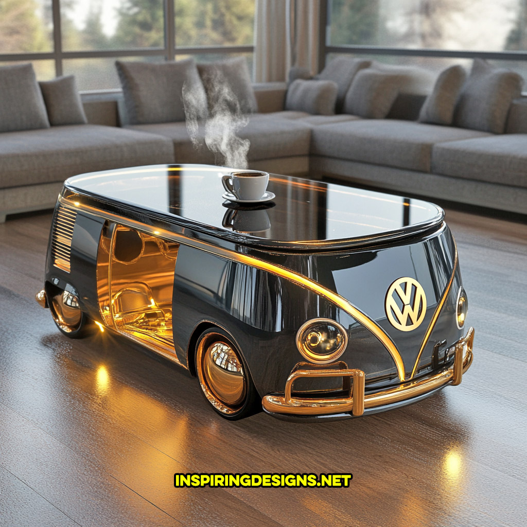 glass Volkswagen bus coffee table in a black and gold color