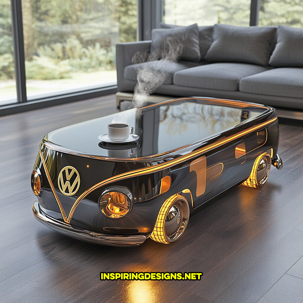 glass Volkswagen bus coffee table in a black and gold color