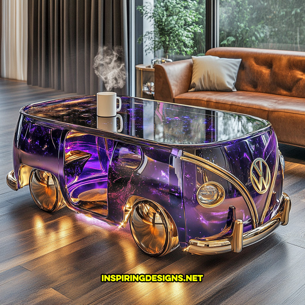 glass Volkswagen bus coffee table in a purple and gold color