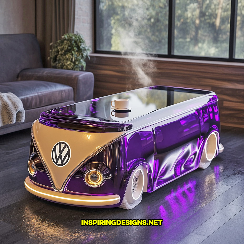 glass Volkswagen bus coffee table in a purple and white color