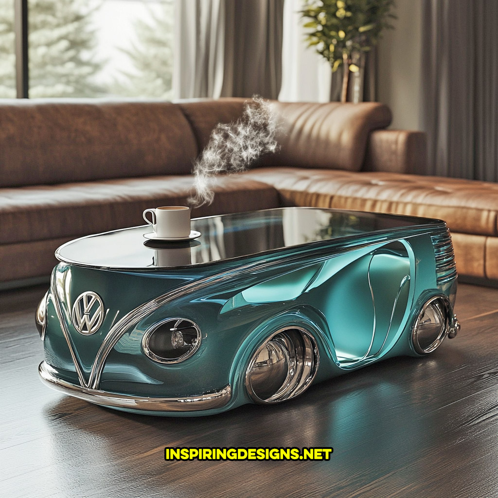 glass Volkswagen bus coffee table in a turquoise and silver color