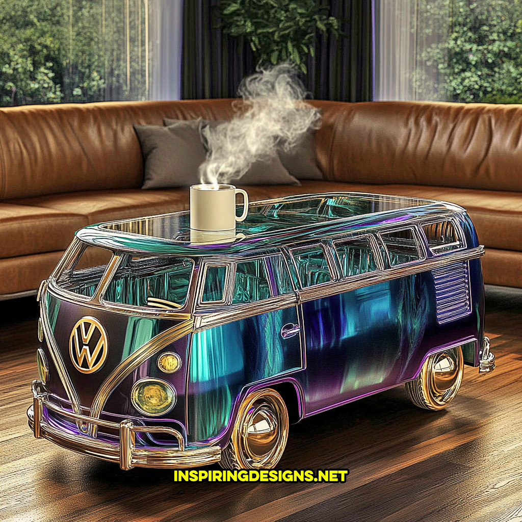 glass Volkswagen bus coffee table in a purple and blue color