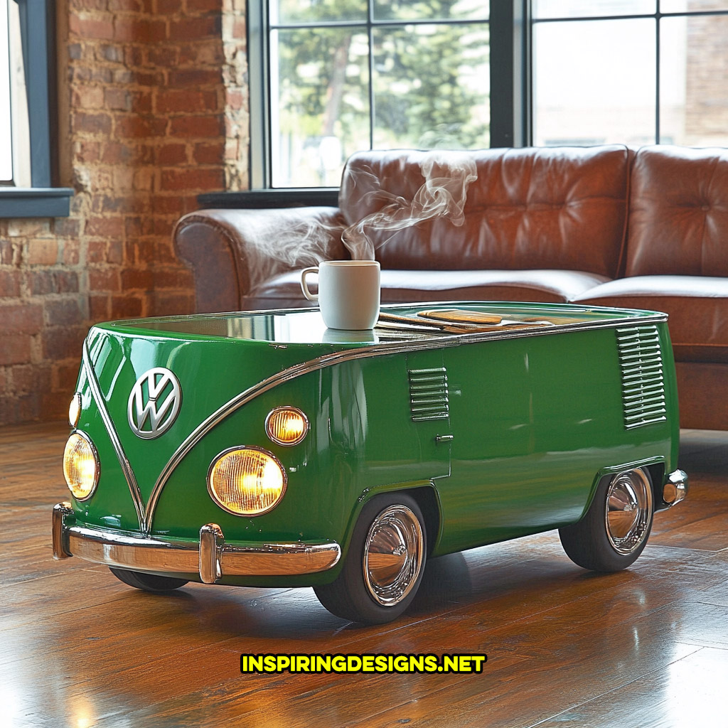 glass Volkswagen bus coffee table in a green and silver color