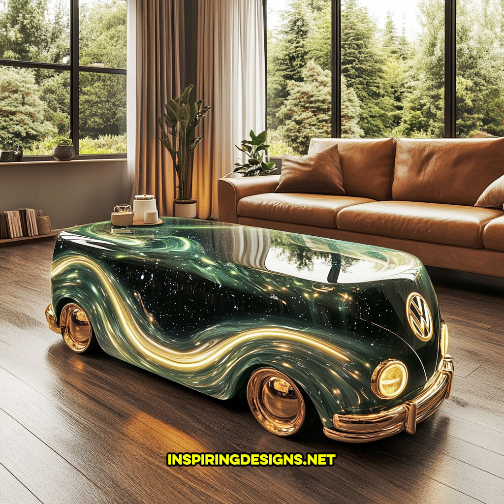 glass Volkswagen bus coffee table in a green and silver color