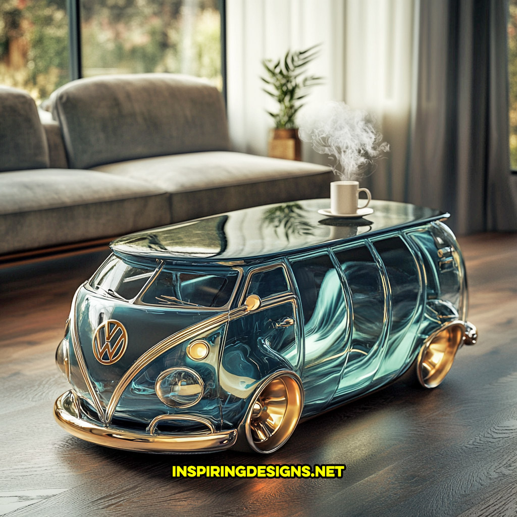 glass Volkswagen bus coffee table in a blue and silver color