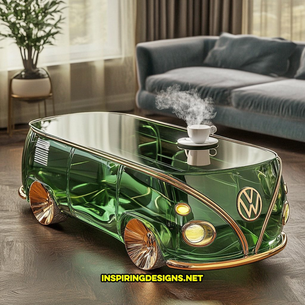 glass Volkswagen bus coffee table in a green and gold color