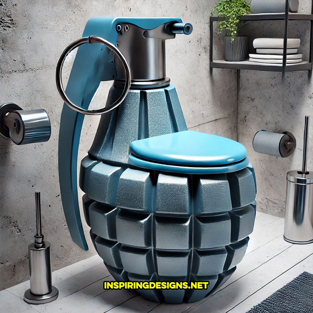 grenade toilet in a light blue and dark blue color