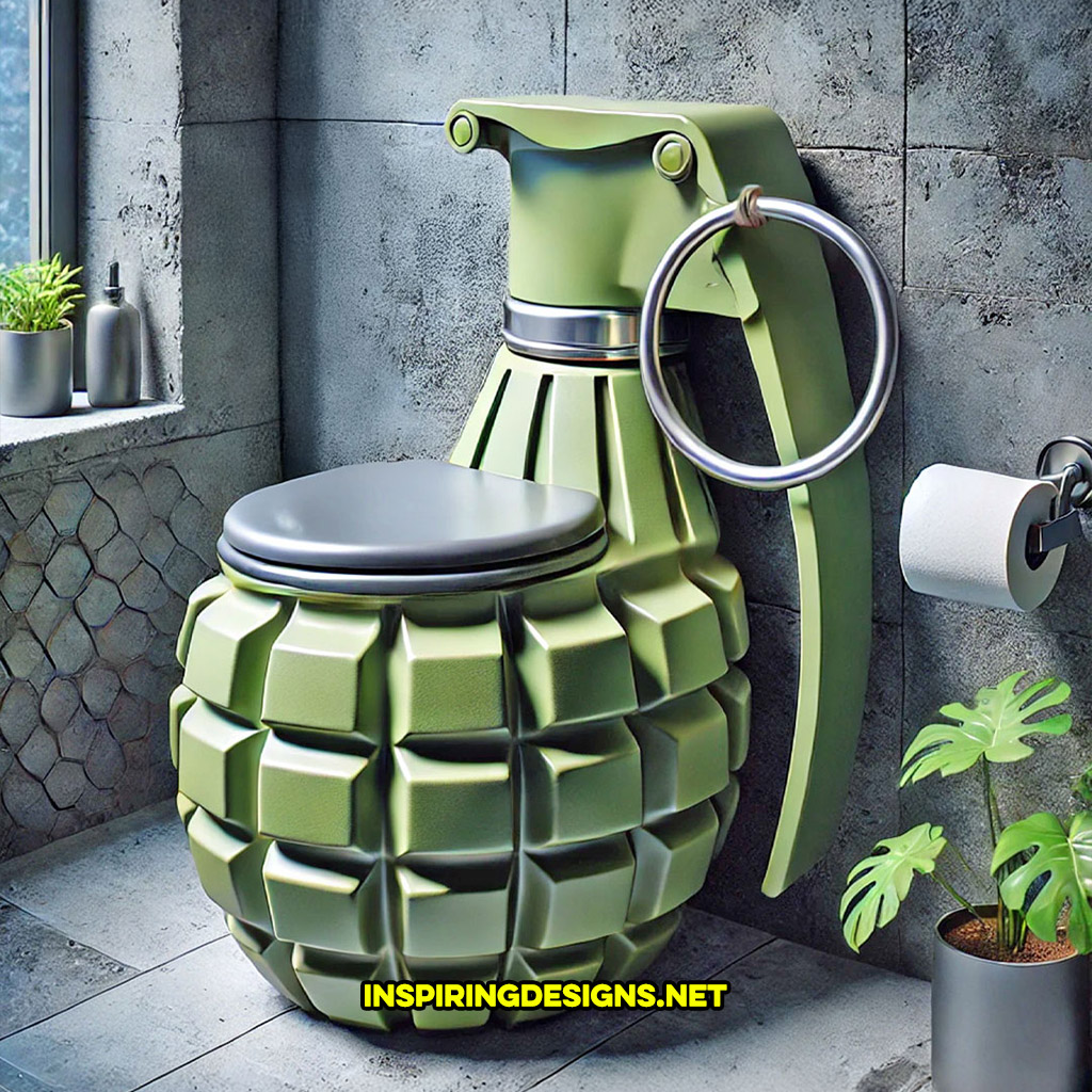 grenade toilet in a dark green and grey color 