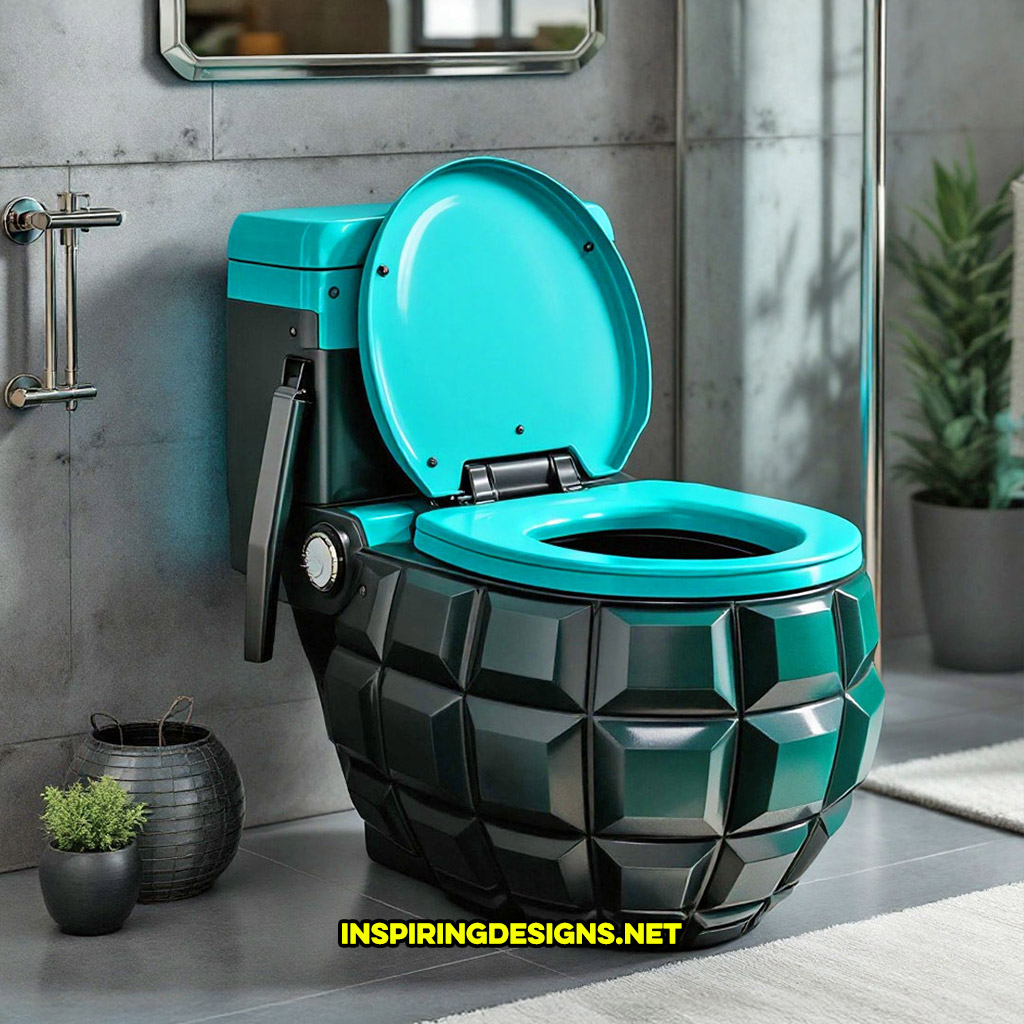 grenade toilet in a turquoise and black color