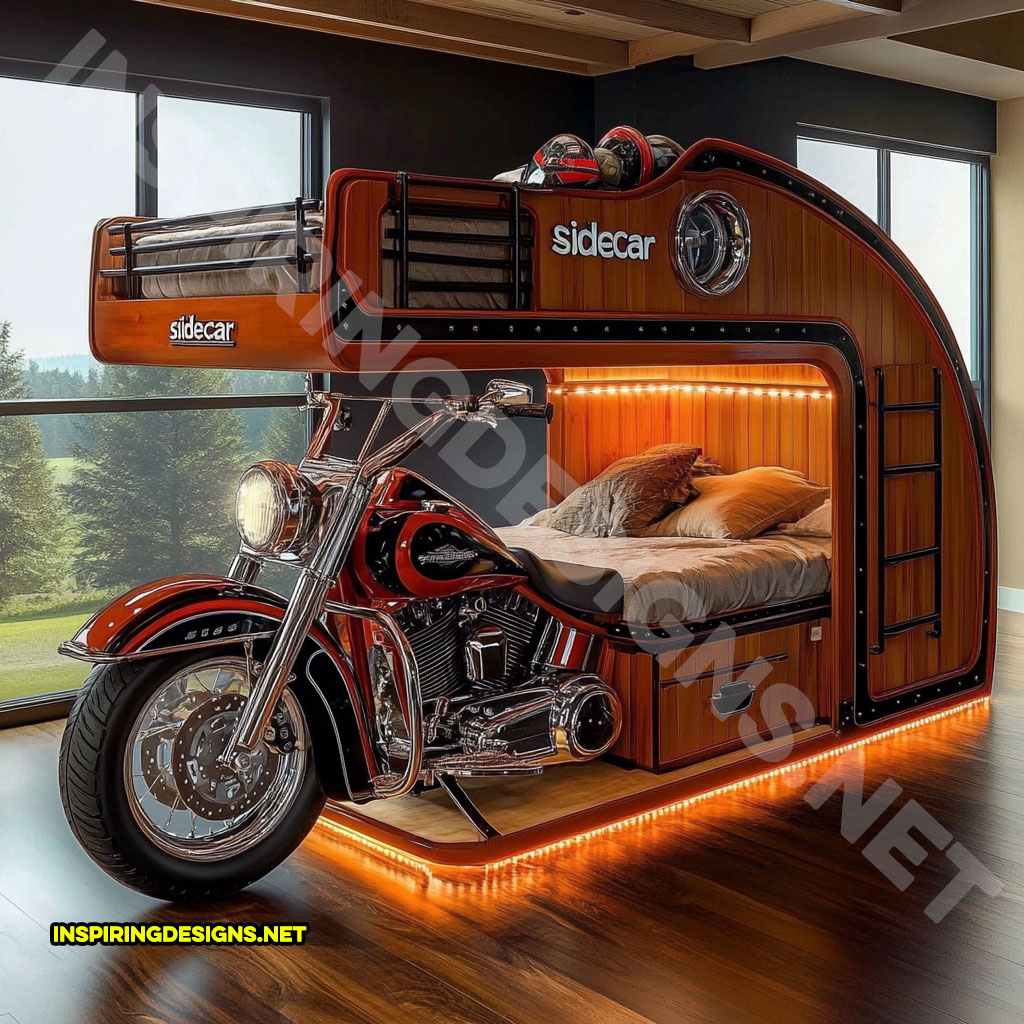 Harley bunk bed in a red and brown color design