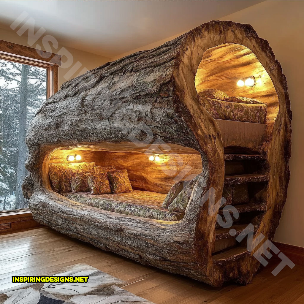 giant hollowed log bunk bed with custom lighting and built-in ladder