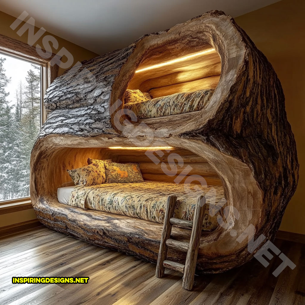 giant hollowed log bunk bed with custom lighting