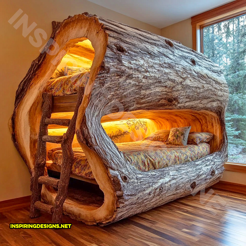 giant hollowed log bunk bed with custom lighting in a full open side design