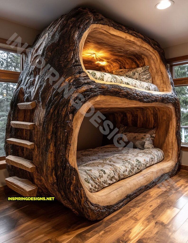 giant hollowed log bunk bed with custom lighting with a custom built-in ladder