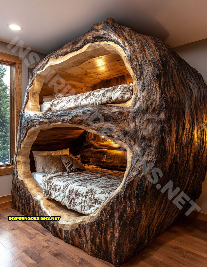 giant hollowed log bunk bed with custom lighting in a side view design