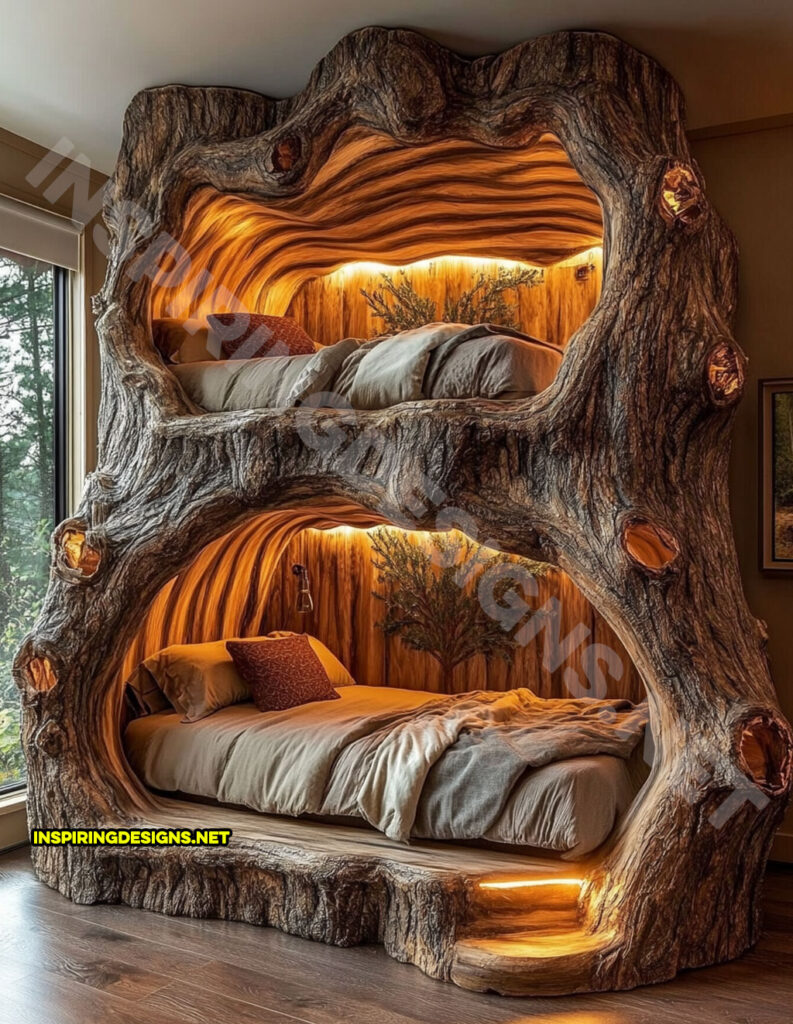 giant hollowed log bunk bed with custom lighting with custom entry steps