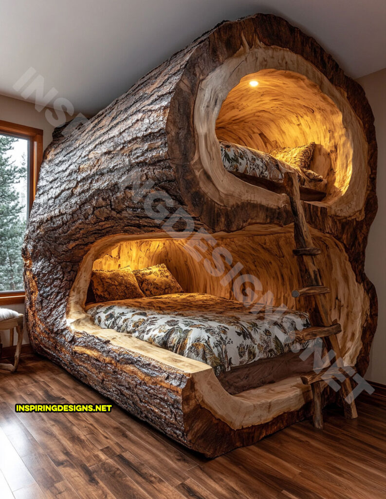 giant hollowed log bunk bed with custom lighting in an oak wood design