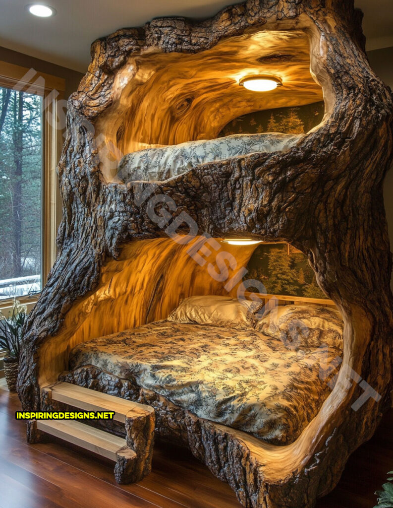 giant hollowed log bunk bed with custom lighting in a queen mattress size