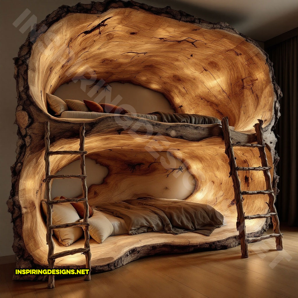 giant hollowed log bunk bed with custom lighting and dual ladders