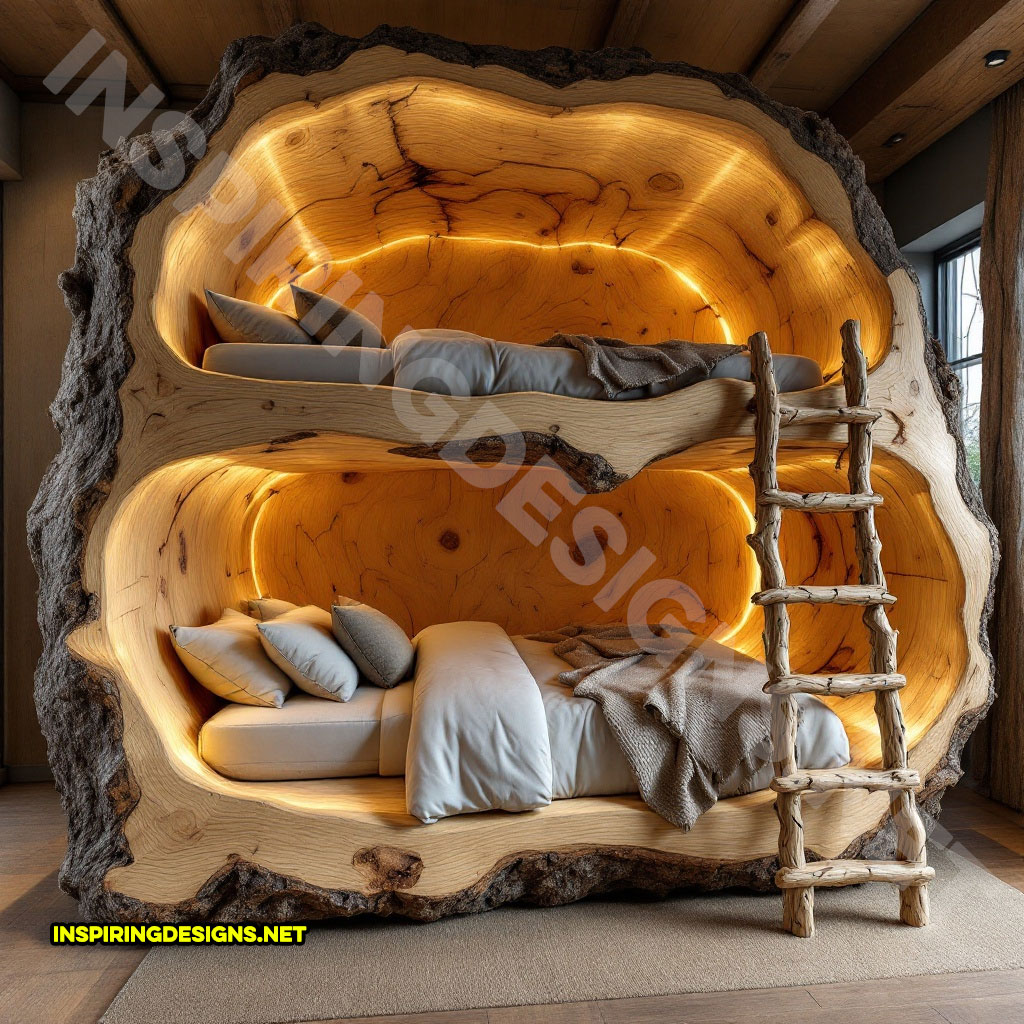 giant hollowed log bunk bed with custom lighting in an open side view design