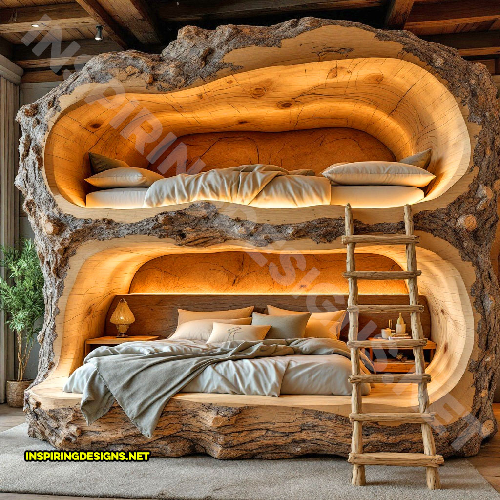 giant hollowed log bunk bed with custom lighting in a open side and end view design