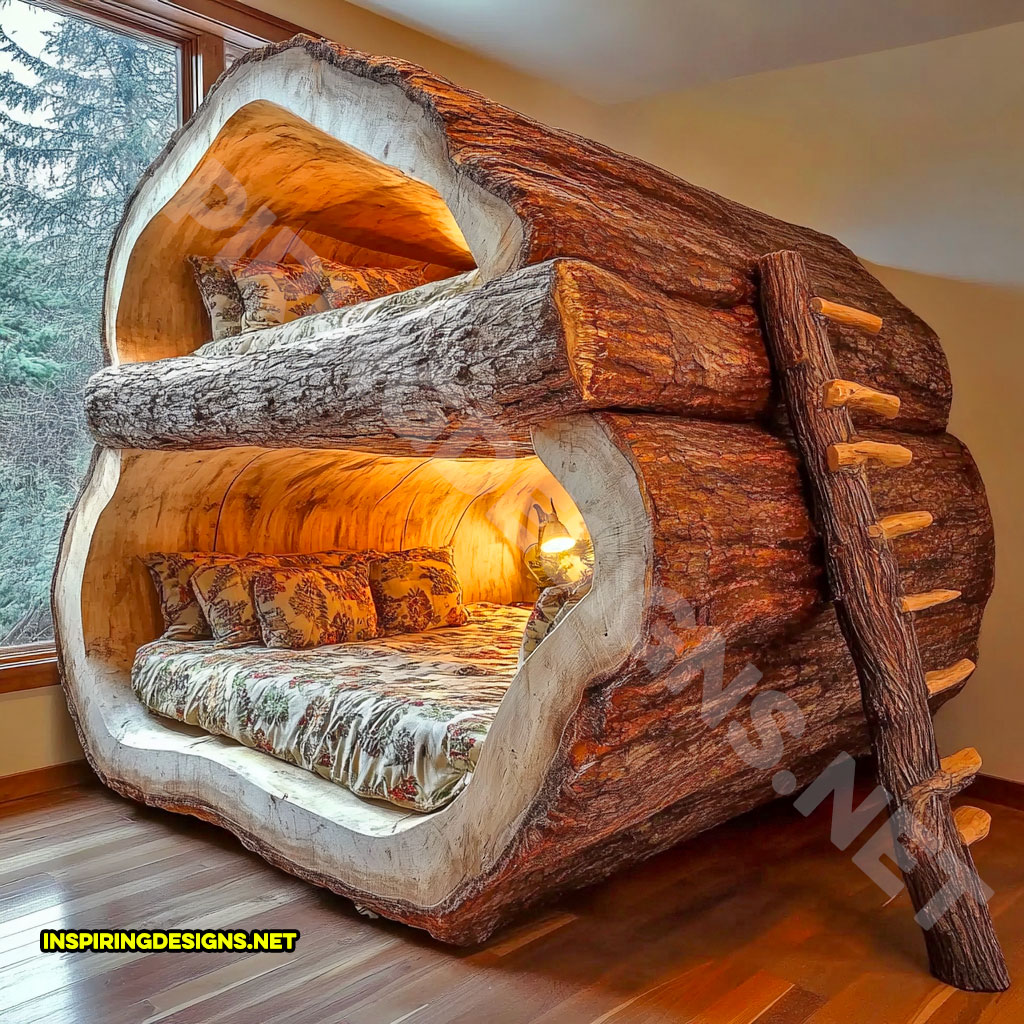 giant hollowed log bunk bed with custom lighting in a side view design