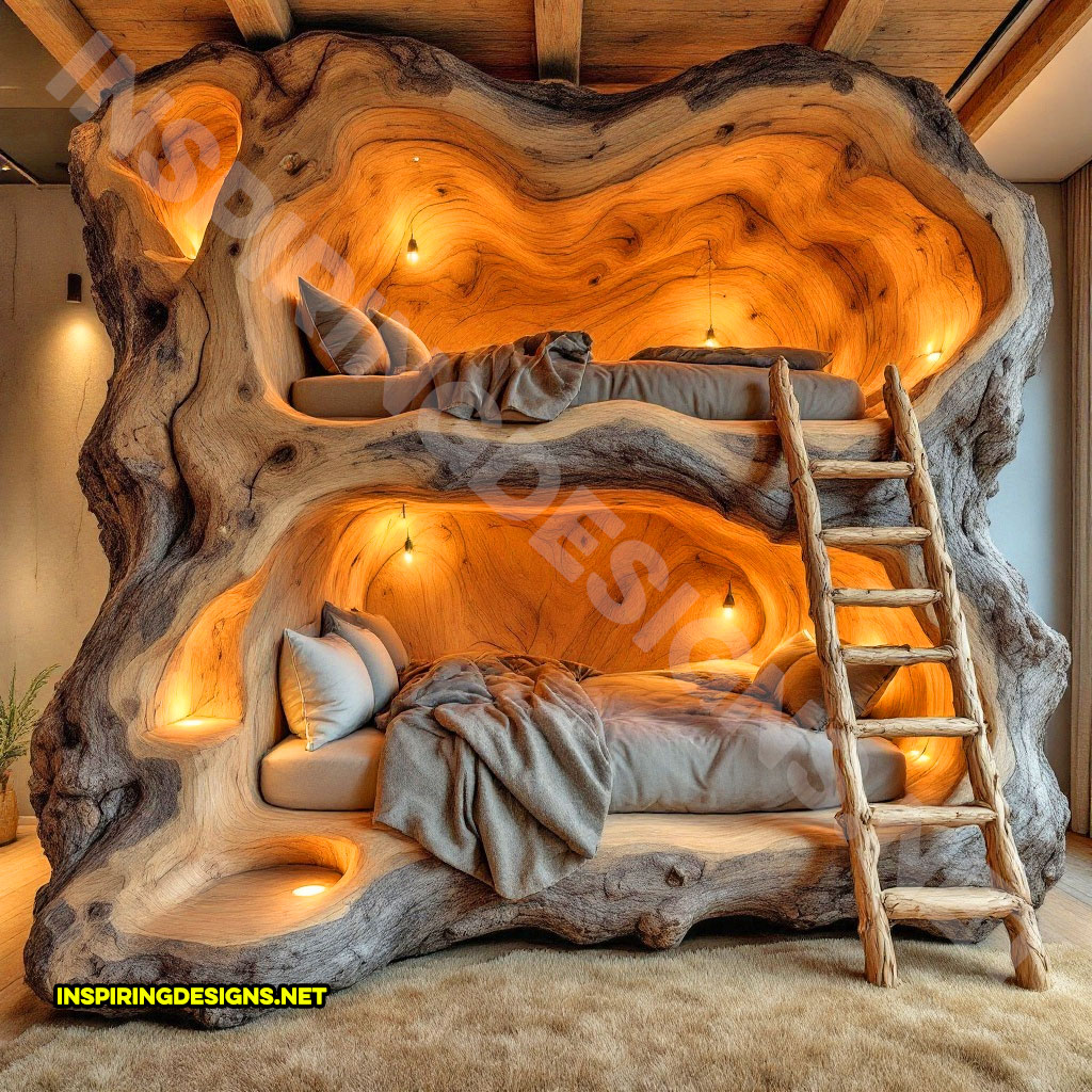 giant hollowed log bunk bed with custom lighting and carvings for a side table