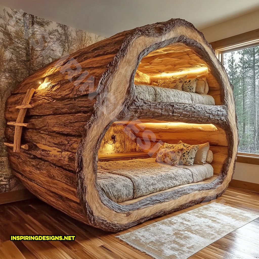 giant hollowed log bunk bed with custom lighting in a side design