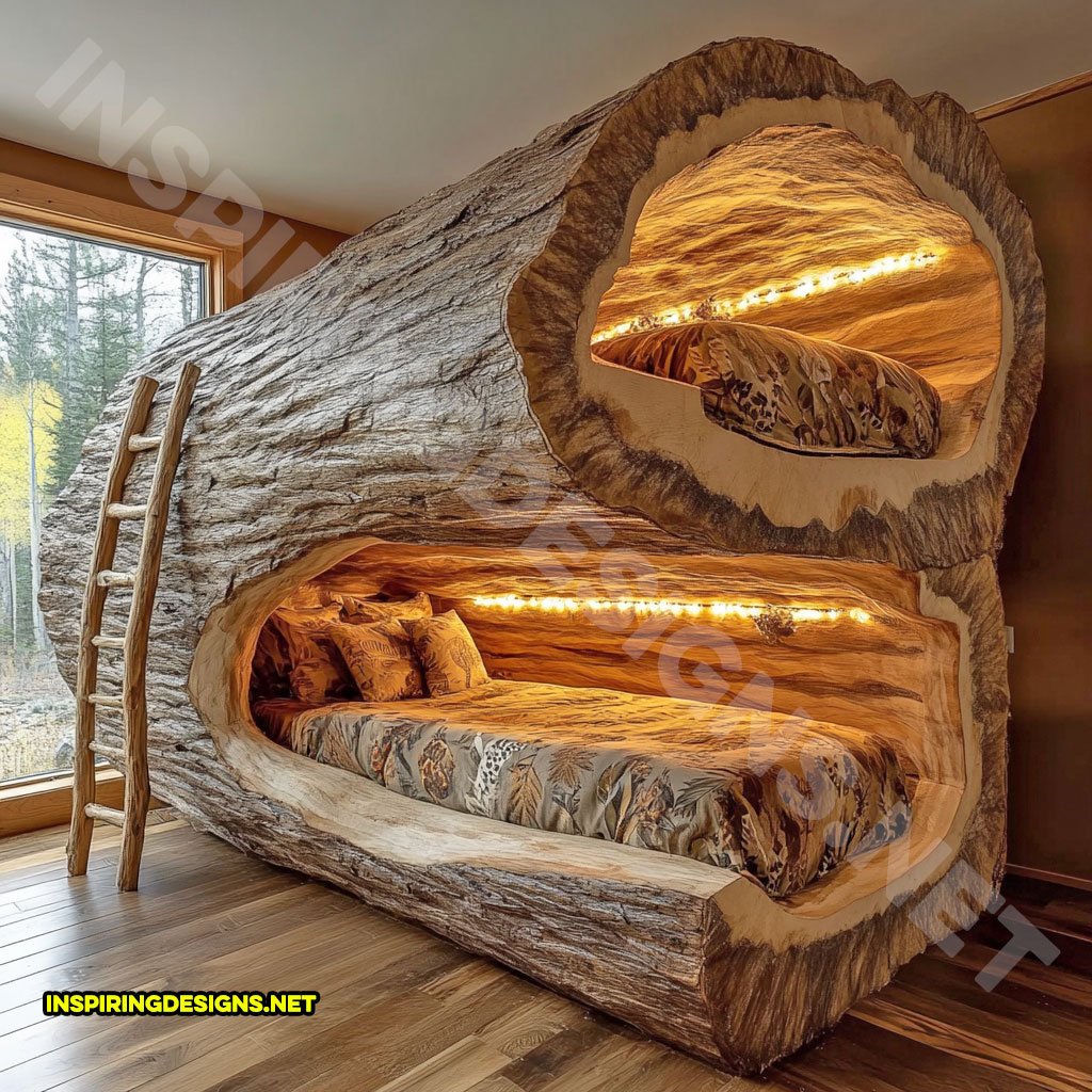 giant hollowed log bunk bed with custom lighting