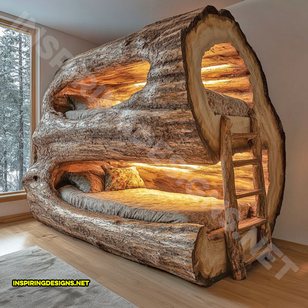 giant hollowed log bunk bed with custom lighting and port window