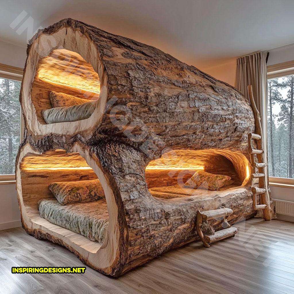 giant hollowed log bunk bed with custom lighting in a closed top side design