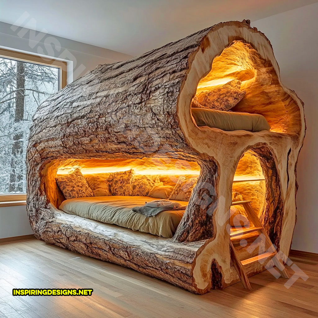 giant hollowed log bunk bed with custom lighting in a cedar design
