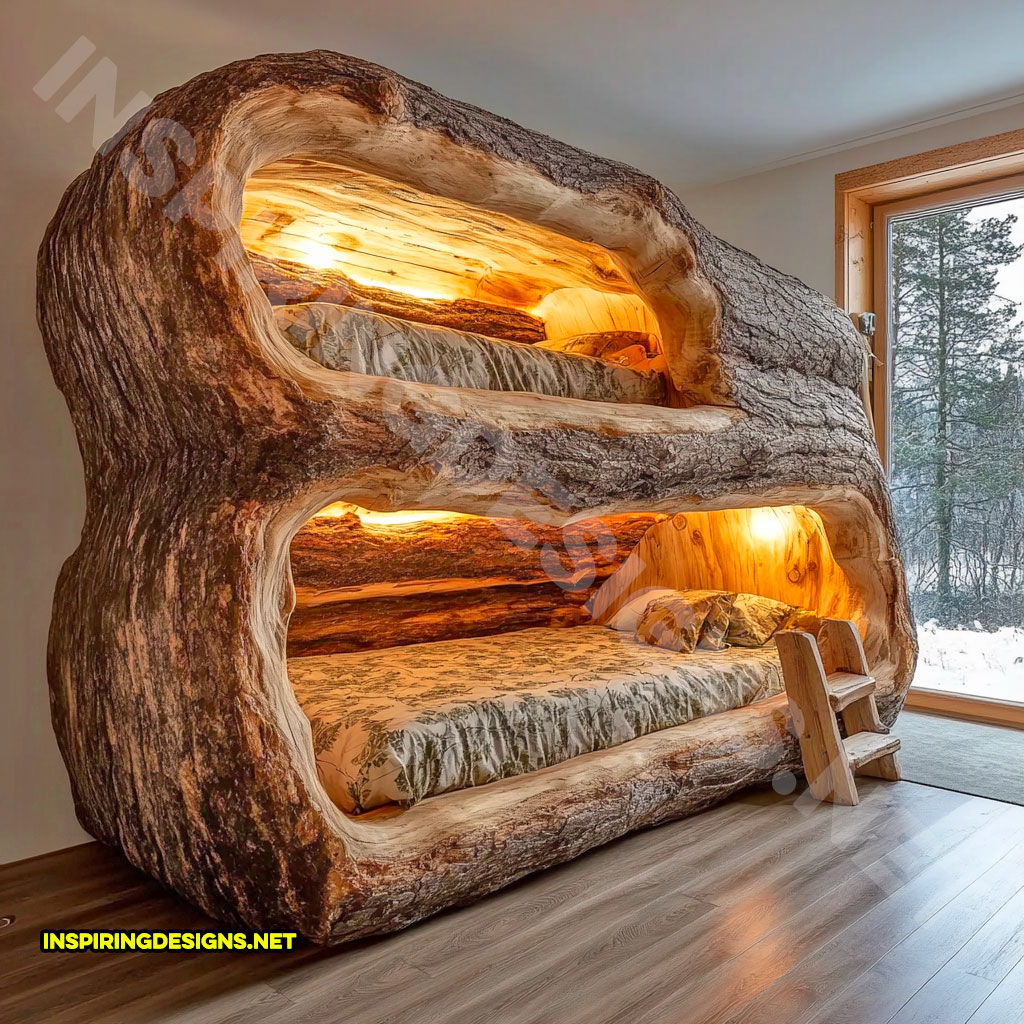 giant hollowed log bunk bed with custom lighting in a large open top design