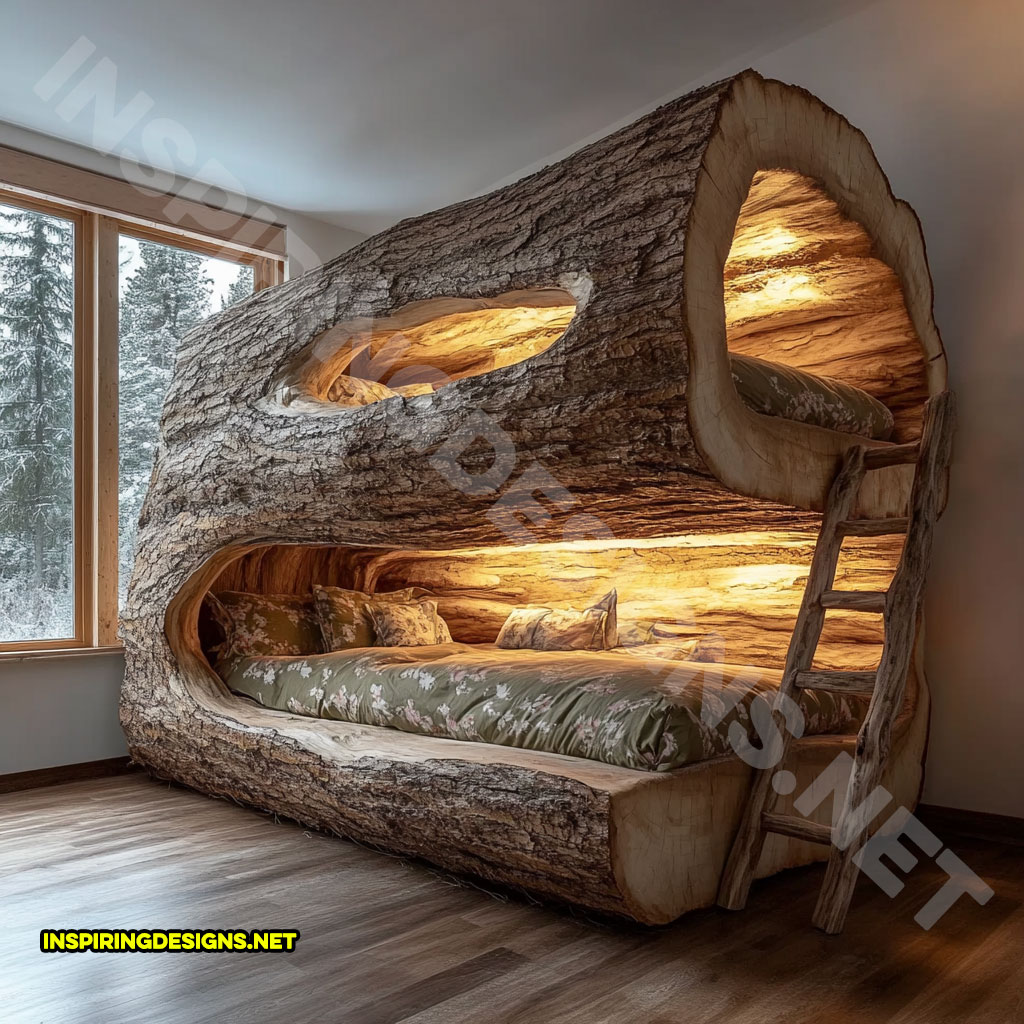 giant hollowed log bunk bed with custom lighting and port window