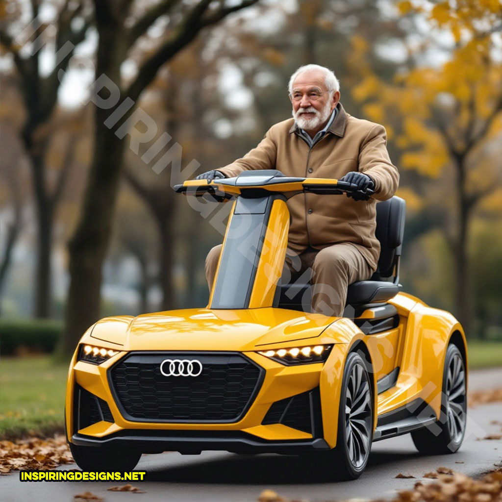 luxury car mobility scooter in a yellow Audi design