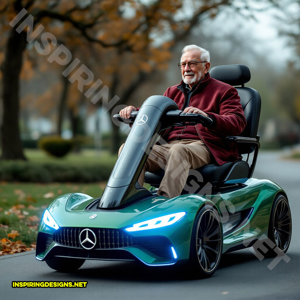 luxury car mobility scooter in a green Mercedes-Benz design