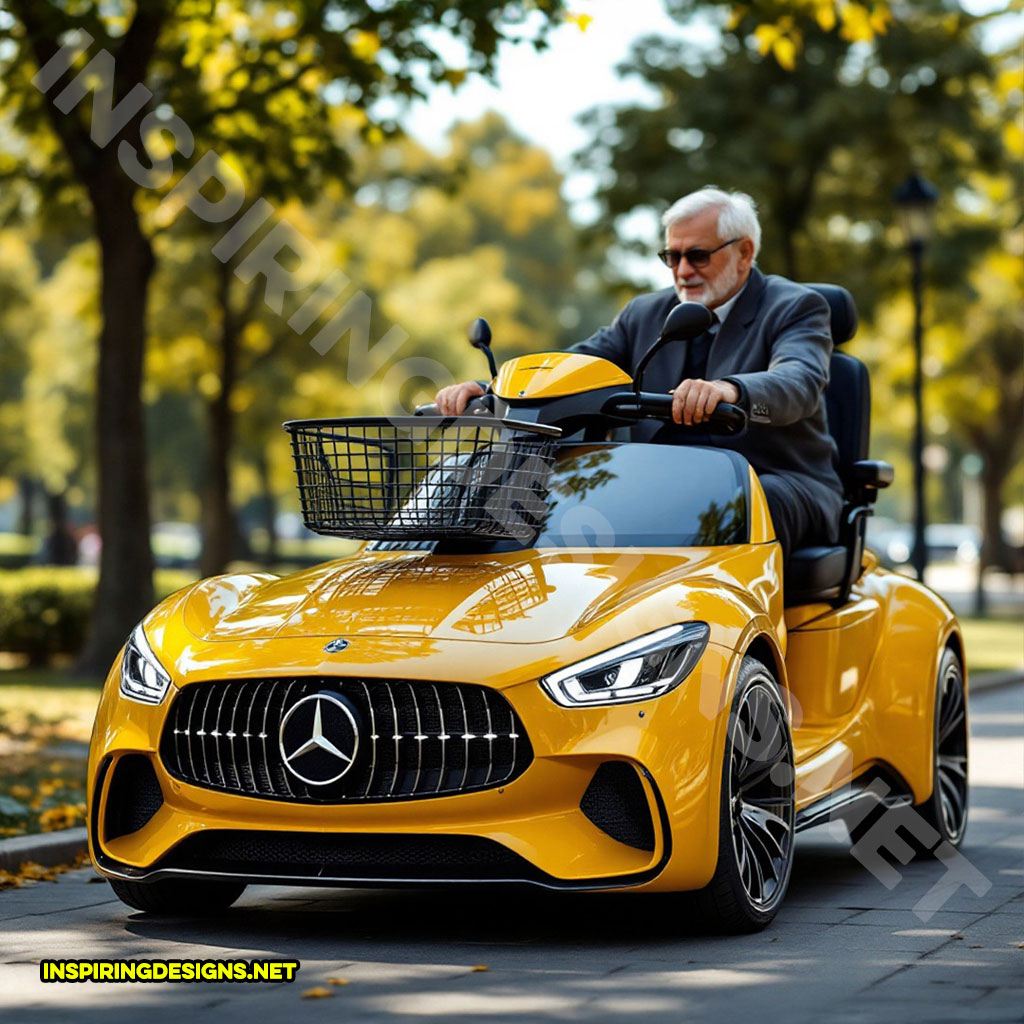 luxury car mobility scooter in a yellow Mercedes-Benz design